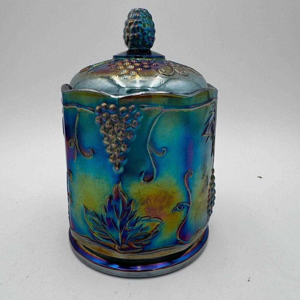 Vtg Carnival Glass Harvest Carnival Blue Small Canister and Lid 7" Cookie Jar